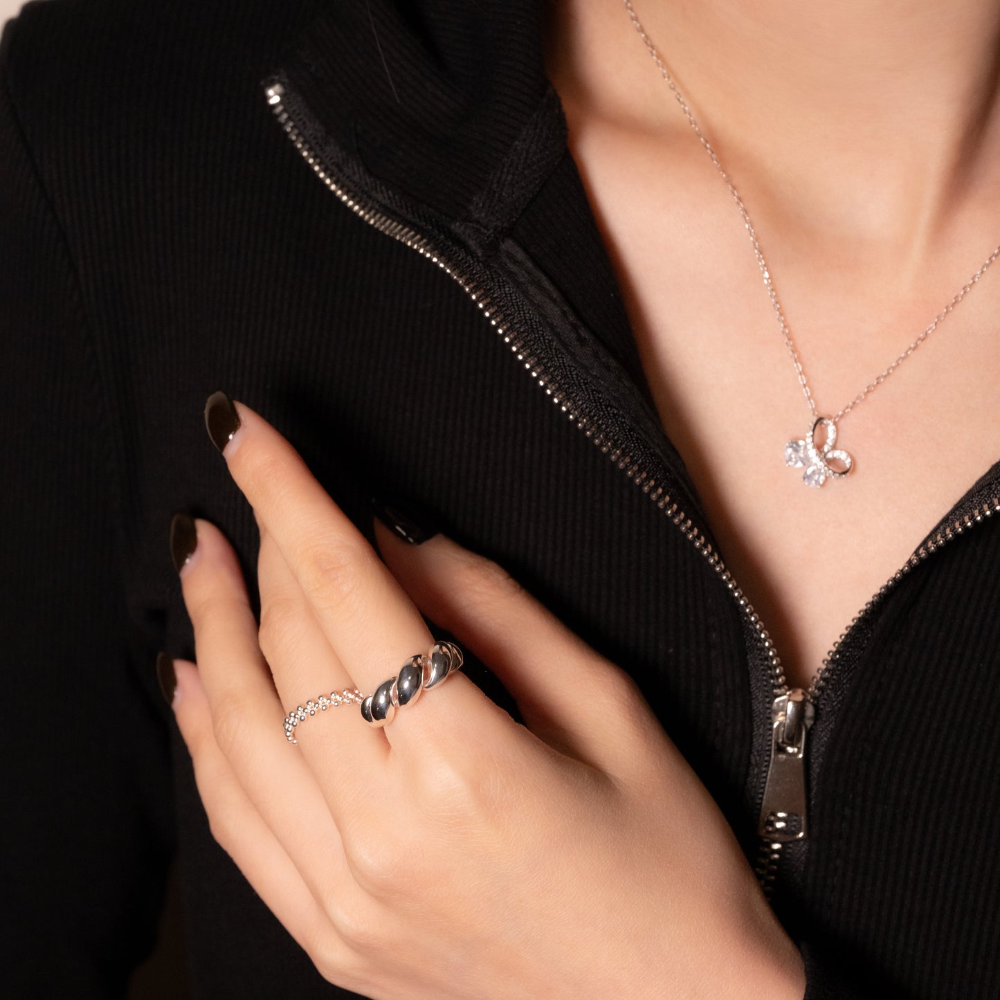 Minimal Beaded Open Ring in Sterling Silver
